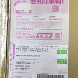 Cardboard parcel with a pink Japanese delivery advertisement on top and a white mailing label showing recipient Valentina Miranda Cabrera and a barcode.