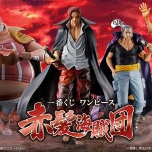 Four One Piece action figures pose against a fiery, lava-like background.  Articulos Japan (Post Box Japan)