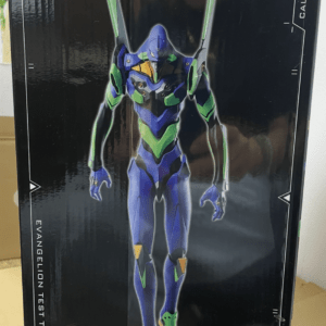 Box for Evangelion unit-01 action figure, a blue-green armored humanoid robot standing on a dark background with white Japanese text on top and Bandai logo.