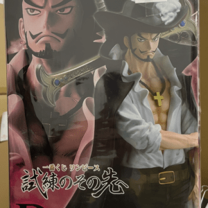 Front of a boxed One Piece Masterlise figure showing two pirate characters, one with a sword on his back and another with a cross necklace; Bandai Namco logo visible.