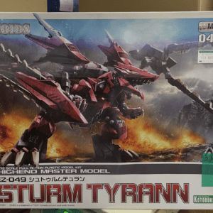 Box art for Zoids Sturm Tyrann model kit: a red dragon‑like mech in a fiery battle scene.