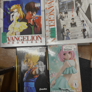 Assorted anime merchandise on a wooden floor, including Evangelion Chronicle manga box with bold red title.