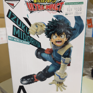 Boxed Izuku Midoriya (Deku) figure from My Hero Academia Ultra Impact, displayed in an dynamic action pose on the packaging
