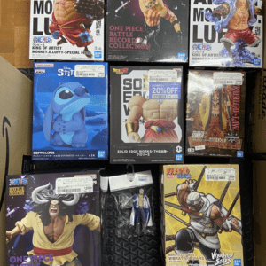 Boxes of anime figure miniatures on a shelf showing One Piece, Naruto, and Stitch designs with vivid packaging art paneling.