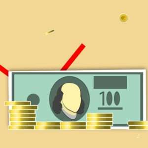 Creative illustration with dollar bill and coins representing financial concept on yellow background