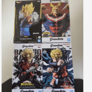 Boxed Grandista action figures: Vegeta, All Might, Bakugo, and Naruto displayed on a table