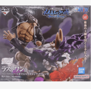 Box art for a One Piece Revive Moment figure: muscular character punching a purple monster, with 'Last One' logo and Bandai Namco branding in the corners.