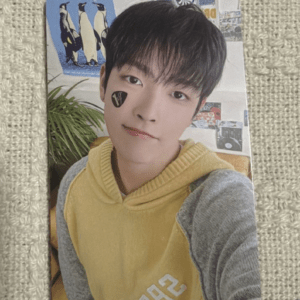 Young person taking a selfie, wearing a yellow hoodie with gray sleeves and a black face sticker on the left cheek, with penguin posters in the background.
