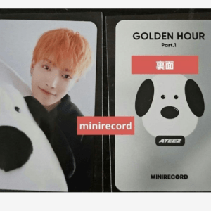 Minirecord two-card set: left portrait of a member with orange hair; right back cover with dog illustration, 'GOLDEN HOUR Part.1' and red label