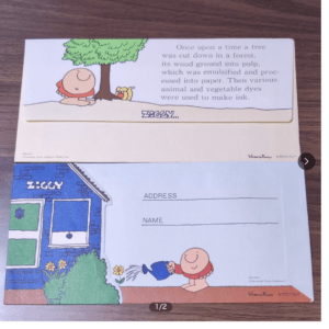 Ziggy cartoon page in two panels: top shows Ziggy beside a tree with a small animal and a block of text about wood pulp and inks; bottom panel is a blue house scene with a form area labeled ADDRESS and NAME for a mailing card.