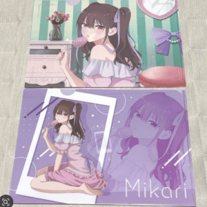 Two pastel anime illustrations of a girl with a lollipop: one upclose on a pink dresser, another purple-toned with a sitting pose and the name Mikari on the page.