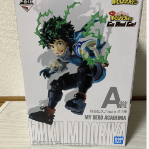 Box for a My Hero Academia figure of Izuku Midoriya with green energy bursts, Bandai logo visible, box indicates 'A賞' (Prize A).  Articulos Japan (Post Box Japan)