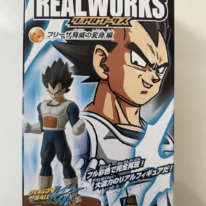 Boxed Dragon Ball Z Real Works figure with Goku artwork and Bandai logo on the bottom right page shows packaging art