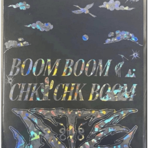 Poster artwork on black background featuring a large rainbow-holo butterfly at the bottom and the text 'BOOM BOOM CHIN CHIN BACK' in rainbow letters, with small birds and clouds above.