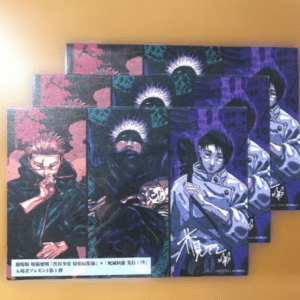 Stack of manga volumes with purple-pink and blue covers, featuring stylized characters in dynamic poses on a yellow background  Articulos Japan (Post Box Japan)