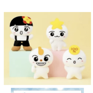Four white plush mascots with big eyes on pastel blocks against a pale yellow background; each has a unique accessory (flower, star, tuft, and coin).