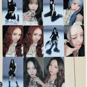 Twelve-panel collage of a young woman posing in a studio, wearing varied black and white outfits with different hairstyles and makeup.