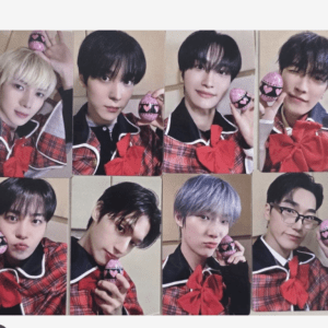 Eight-panel collage of young men in red plaid outfits, each posing and holding a pink heart-marked ornament.