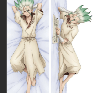 Two-panel anime-style illustration of a green-haired character in a beige hospital gown in bed; left panel shows him stretching with arms behind his head, right panel shows him sitting up and reading a newspaper.