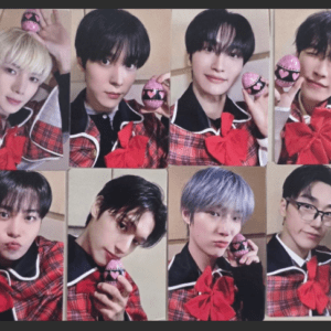 Eight-panel collage of young men in matching red plaid outfits with large red bows, each holding or posing with pink heart-patterned decorations.