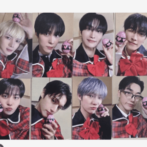 Collage of eight selfies: young men in matching red plaid outfits with large red bows, posing with pink heart-patterned eggs.