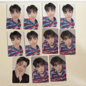 Collage of 15 portrait cards featuring a young man in a blue‑red striped sweater; 14 show the same selfie, 1 shows him with hands on his cheeks.
