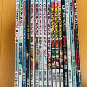 Row of colorful manga volumes standing upright on a wooden shelf, Japanese titles visible on the spines.