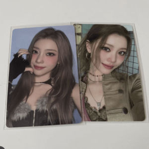 Two portrait photos of a young woman with long brown hair in a small booklet; left image has a blue background, right image shows a tiled background.