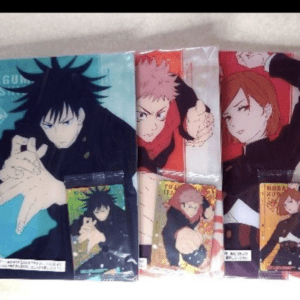 Collection of anime character merchandise in plastic wraps, featuring bold action poses and multiple characters with blue, red, and orange backgrounds.