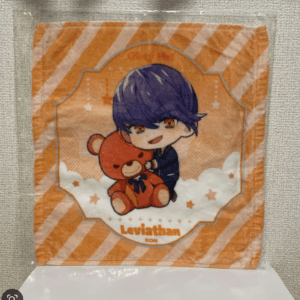 Chibi boy with purple hair cuddling an orange teddy bear on a white cloud, orange striped background with Leviathan branding.