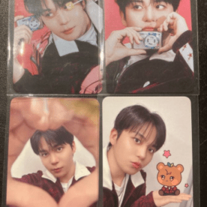 Four-panel collage of a young man in a red jacket posing playfully with props and stickers on each image.