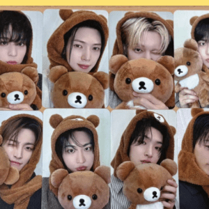 A person in a brown bear hoodie poses with a plush bear in a 3x3 collage of selfies.