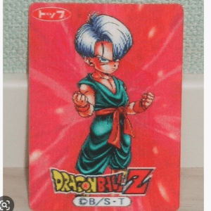 Dragon Ball Z trading card showing a character in a green gi with blue hair on a red background.