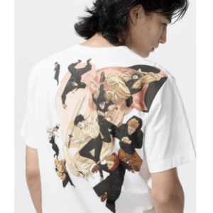 Back view of a person wearing a white T-shirt with a large colorful collage of action characters printed on the back.
