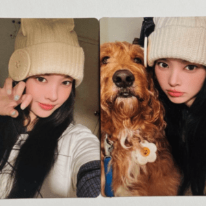 Two-panel selfie of a young woman in a beige knit cap; the right panel shows her with a fluffy brown dog beside her.