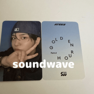 Left card shows a person in a cap making a peace sign; right card has a blue-to-gray gradient with 'ATEEZ', 'Part.3', a circular arrangement spelling 'GOLDEN HOUR', and a small 'Sound Wave' logo at the bottom.