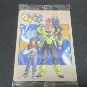 Dragon Ball Z trading card in sealed plastic wrapper, showing three characters in front of a blue-yellow backdrop with the Dragon Ball Z logo at the top left.  Articulos Japan (Post Box Japan)