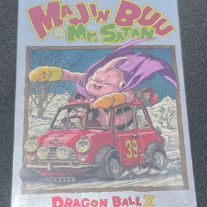 Sealed Dragon Ball Z trading card booster pack showing Majin Buu in a pink outfit riding in a red snow-covered car with the Dragon Ball Z logo at the bottom.