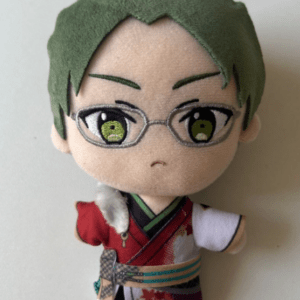 Plush anime-style figure with green hair, glasses, and a colorful kimono (red, white, and purple)