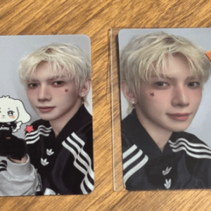 Two photo cards showing a blond-haired young man in a black Adidas jacket on a wooden surface; the left card has a cartoon white dog sticker.