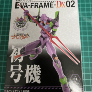 Box for EVA-Frame Dx02 model kit featuring a purple Evangelion unit wielding a red weapon, Bandai Namco logo, and Japanese text, with '01' and collector's badge visible.