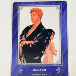 Bleach collectible card showing a tall, orange-haired man with arms crossed, a woman behind him; blue framed image with 'BLEACH' at the bottom.