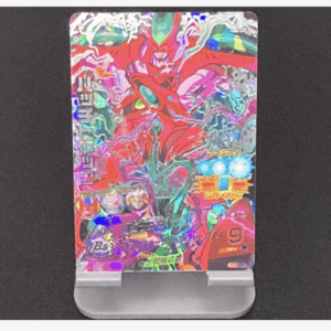 Holographic trading card on a display stand featuring a red dragon and vibrant battle artwork