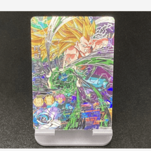 Holographic Dragon Ball trading card in a display stand, featuring a Super Saiyan character charging energy in action.