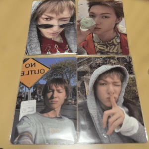 Collage of four selfies showing a young person in hoodies and sunglasses in different poses on a yellow background