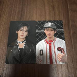 Two portrait cards of a young man: left card shows him in a black leather jacket with a scarf; right card shows him in a white baseball jersey and cap in front of a chain-link fence.