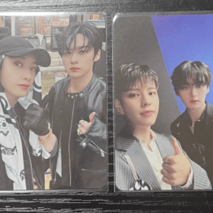 Pair of glossy photo cards featuring two young men posing together; left card shows one in a cap and another in a black leather jacket, both pointing toward the camera. Right card shows two men giving a thumbs‑up in a studio setting with a blue backdrop.