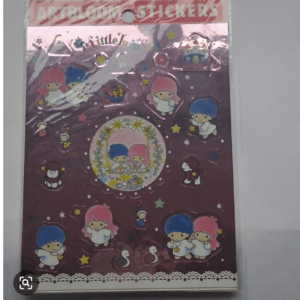 Pack of colorful cartoon angel stickers on a pink-purple background, featuring children with blue and pink hair, stars, and a decorative frame.