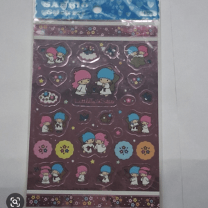 Sticker sheet featuring Little Twin Stars characters on a maroon background with pastel flowers and icons. Includes text 'LittleTwinStars' in the center.