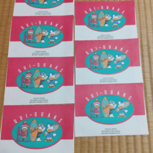 Eight pink-and-white flyers with a cartoon oval logo of ducks and surfboards laid out on a wooden floor.